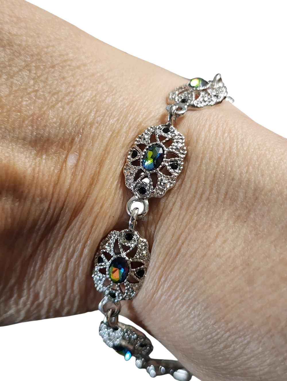Vintage Silver-Tone Iridescent Stone Station Link Bracelet